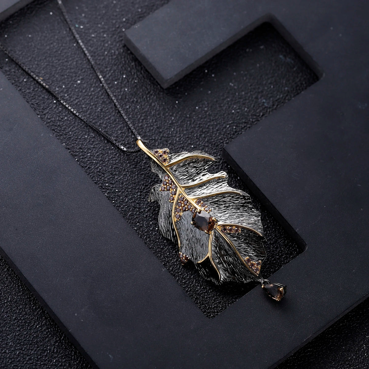 ArtistA C7551 Abiding Black Gold Plated Maple Leaf Design Natural Smoky Quartz 925 Silver Dubai Jewelry Sets Jewellery