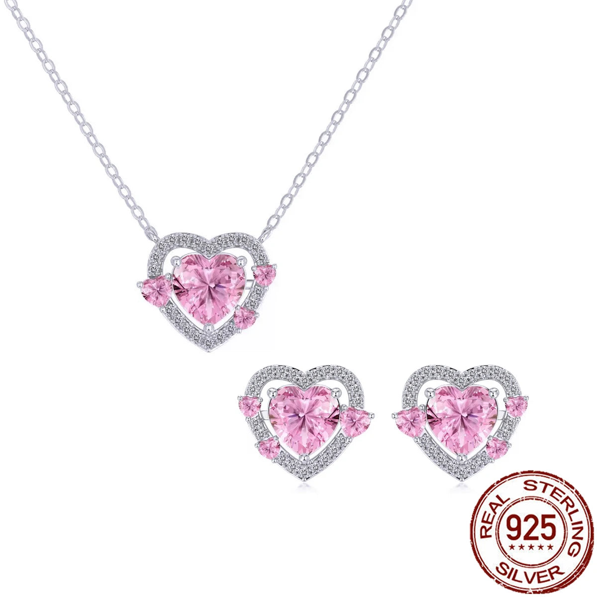 Fine Zirconia Jewelry Set 925 Sterling Silver Pink CZ Love Heart Pendant Necklace Earrings Romantic Jewelry Set for Women