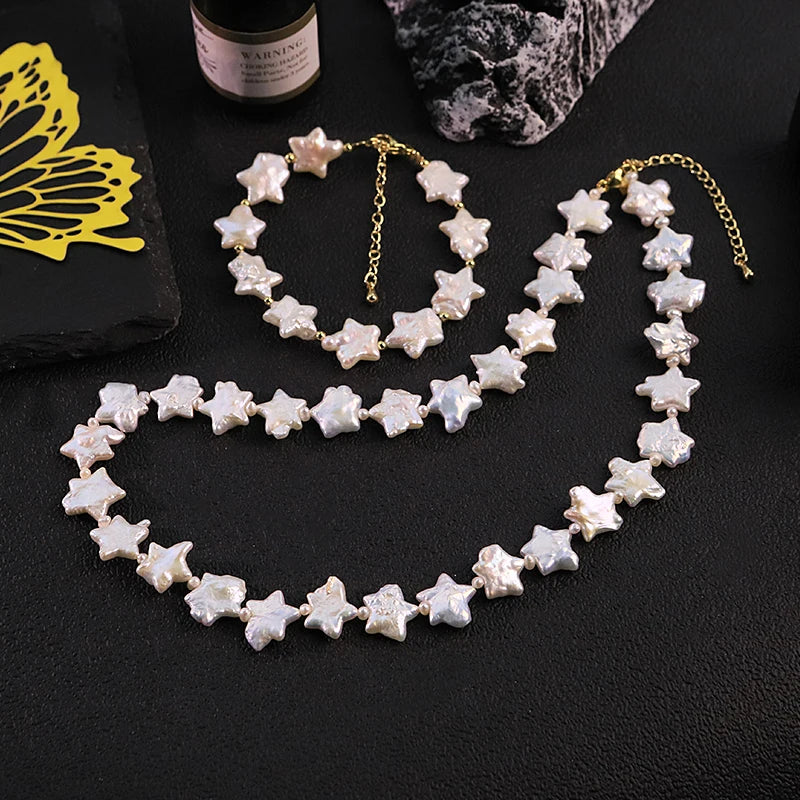 GLSEEVO Natural Star Shaped Baroque Pearl Jewelry Set for Women Birthday Gift Starry Pearl Necklace Bracelet Set Fashion Jewelry