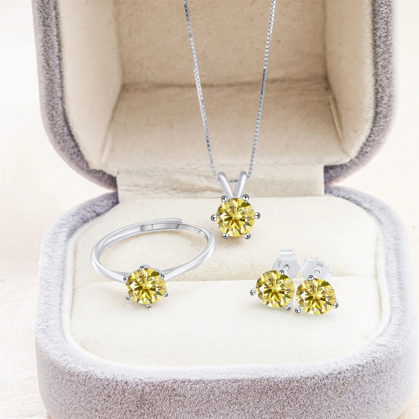 Simple D Color VVS1 GRA 1CT Round Cut Colored Moissanite Jewelry 925 Silver Wedding Ladies Necklace Earrings Ring 3 Piece Sets