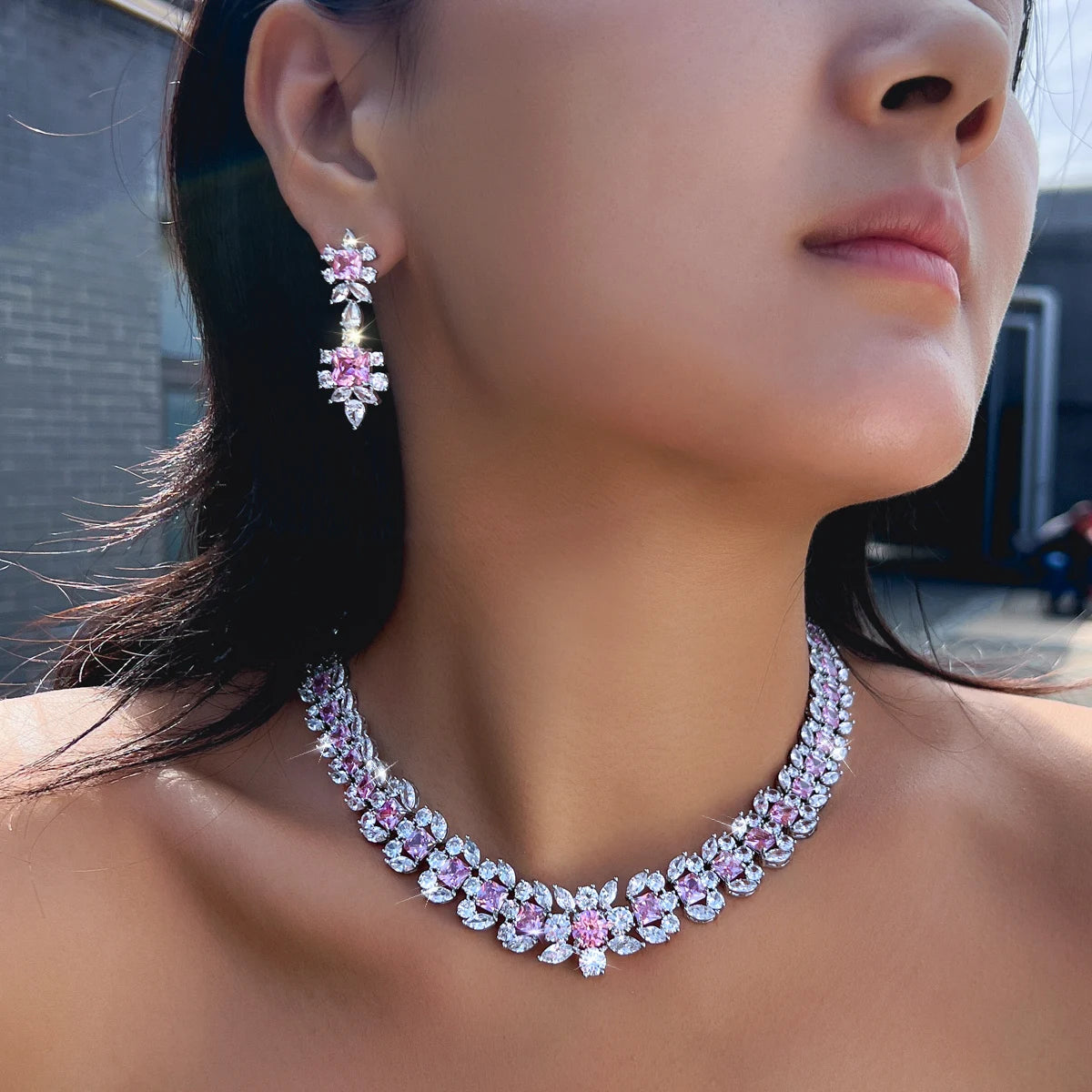 Rhodium Plated Geometric CZ Jewelry Set Pink Square Cubic Zircon Leaf Tennis Necklace Earrings Jewelry Set for Women Party Gift