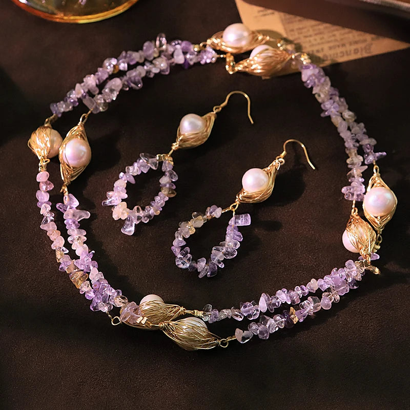 GLSEEVO Natural Freshwater Pearl & Amethyst Sterling Silver Necklace & Earrings Set — Luxury Design