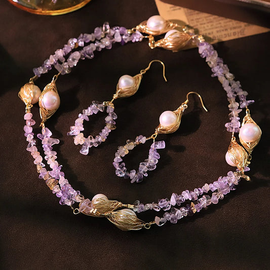 GLSEEVO Natural Freshwater Pearl & Amethyst Sterling Silver Necklace & Earrings Set — Luxury Design