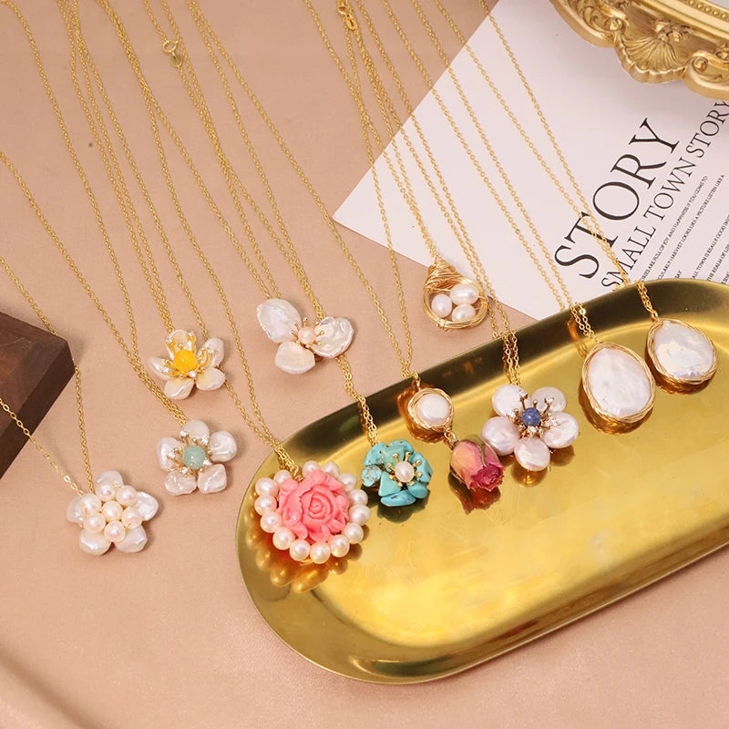 925 Sterling Silver Choker Necklace Natural Freshwater Pearl Flower  Pendant Necklace for Women Fashion Jewelry