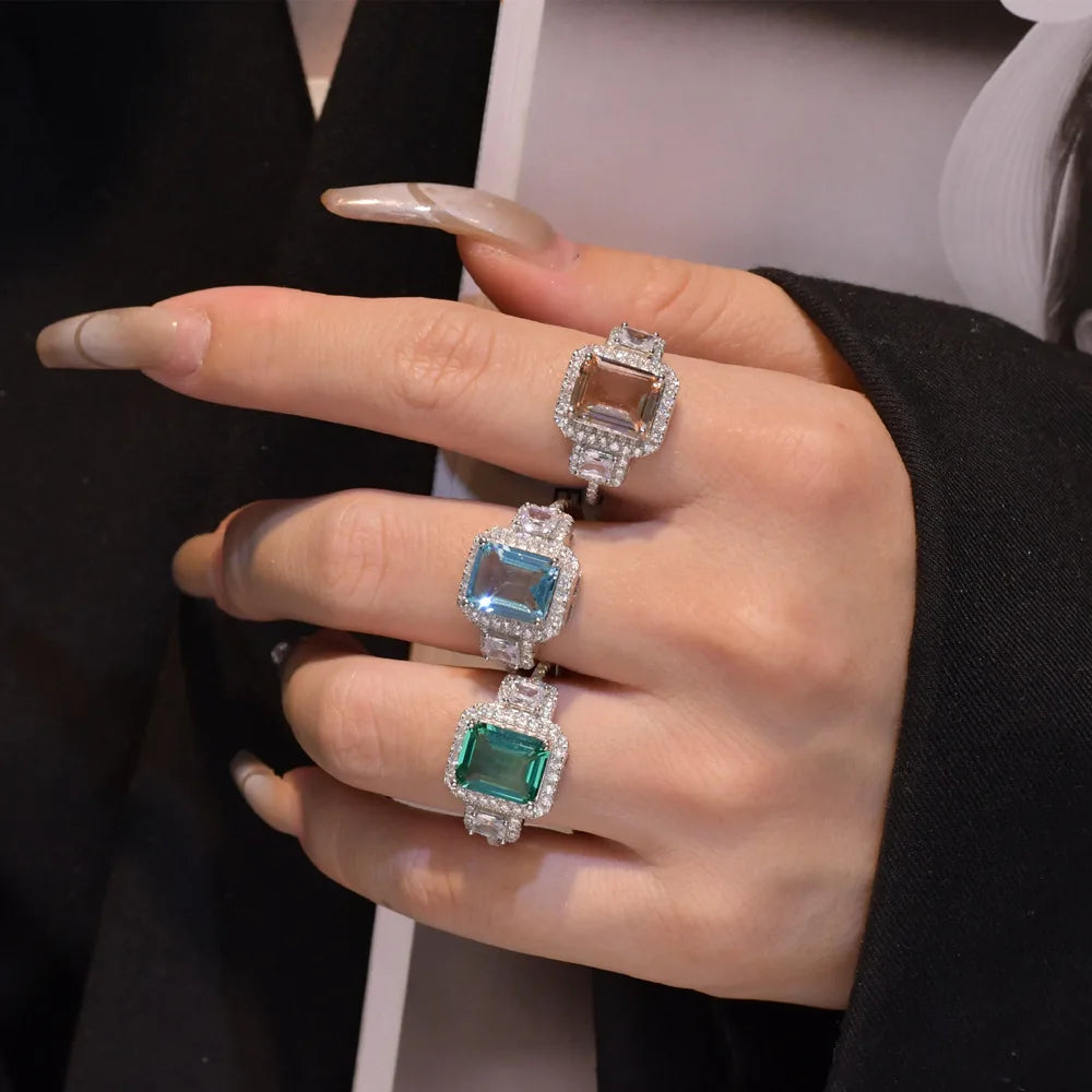 MuShan Jewelry Factory HCD Gemstones Emerald Ring Band 925 Sterling Silver Ring 8 * 10 Emerald Cut HCD Stones Ring Jewelry