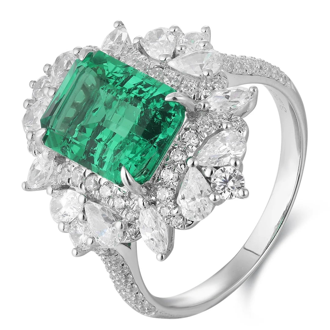 Gemfiori Anster 925 Sterling Silver High Quality Gemstone 3.2ct Lab Created Zambia Emerald Cut Ring Jewelry