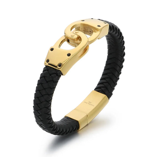 KALEN 220mm Punk Stainless Steel&Leather Handcuff Bangle Bracelet