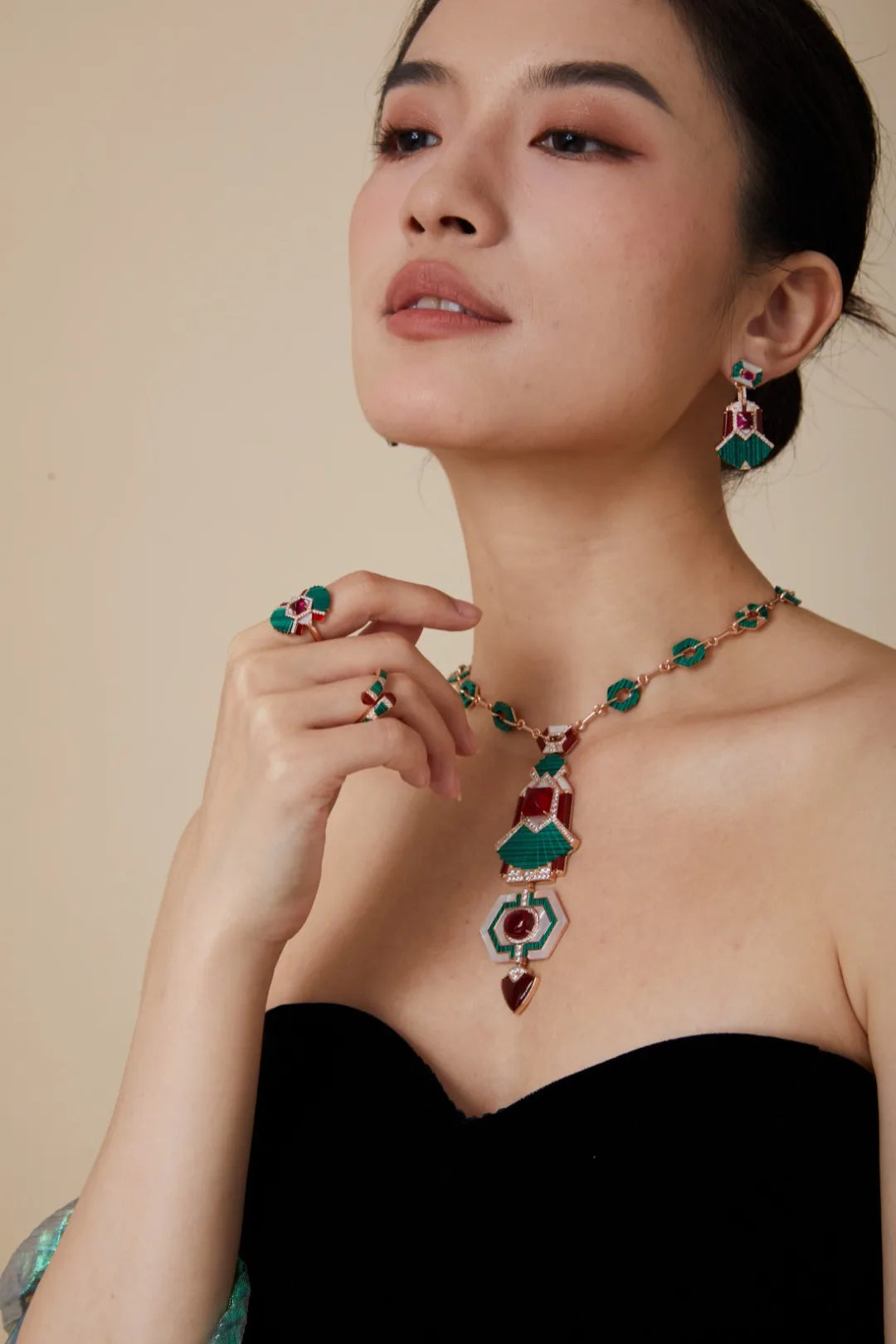 Luxury Green Malachite & Red Ruby Gemstone Claw-Set Pendant Necklace, Earrings & Ring Bridal Set — Rose Gold & Rhodium Plated
