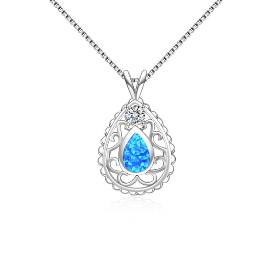 Aobao Women's Geometric Copper Alloy Silver Plated Christian Opal Blue Water Drop Necklace Chains Jewelry Gift Inlaid Opal
