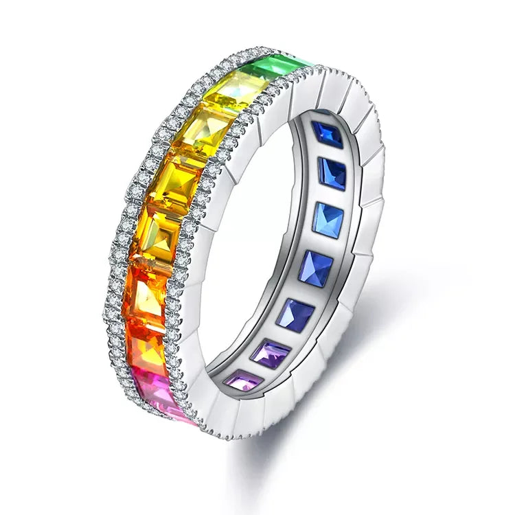 Gemfiori New Arrival Eternity Band Ring Sterling 925 Silver Rainbow Diamond Rings for Women Christmas Gift Envio Gratis