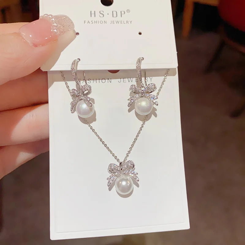 High Quality Fashion Luxury Bow Knot Zircon Necklace and Earrings Set With Pearl Women Real Gold Plated Jewelry Set