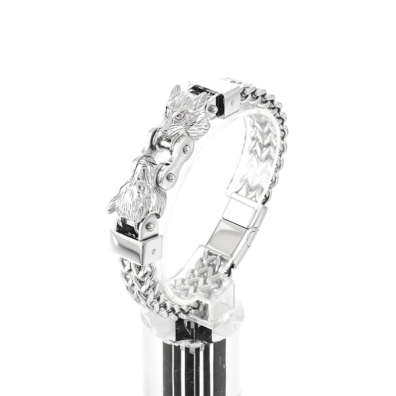 KALEN Men Punk Gold/Silver/Black/Oxidized Black Stainless Steel Wolf Head Charm Herringbone Chain Bracelet