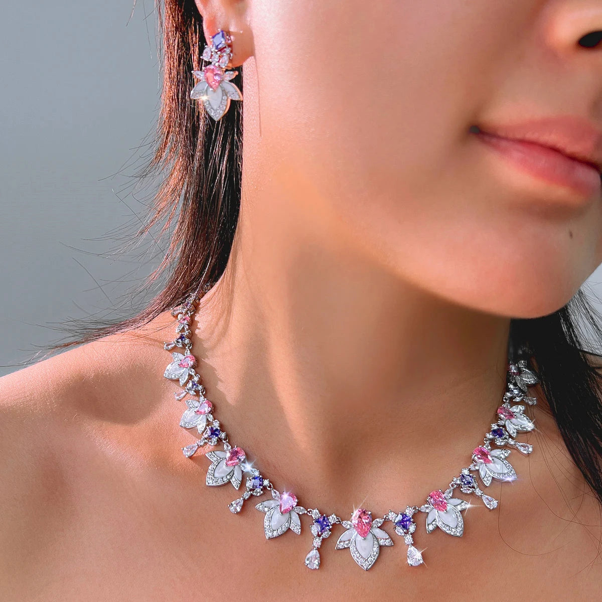 Rhodium Plated Purple Pink Drop Necklace Earrings CZ Long Leaf Enamel Necklace Earrings for Women Fiancee Engagement Jewelry Set