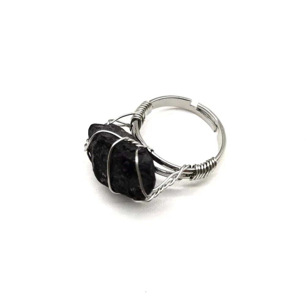 Men Women Large Stone Rings Wire Wrapped Crystal Resizable Gem Ring