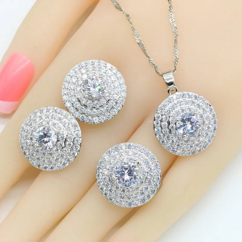 XOTICA Silver Color Bridal Jewelry Set with Red Zircon Includes Necklace Pendant Earrings Rings for Parties
