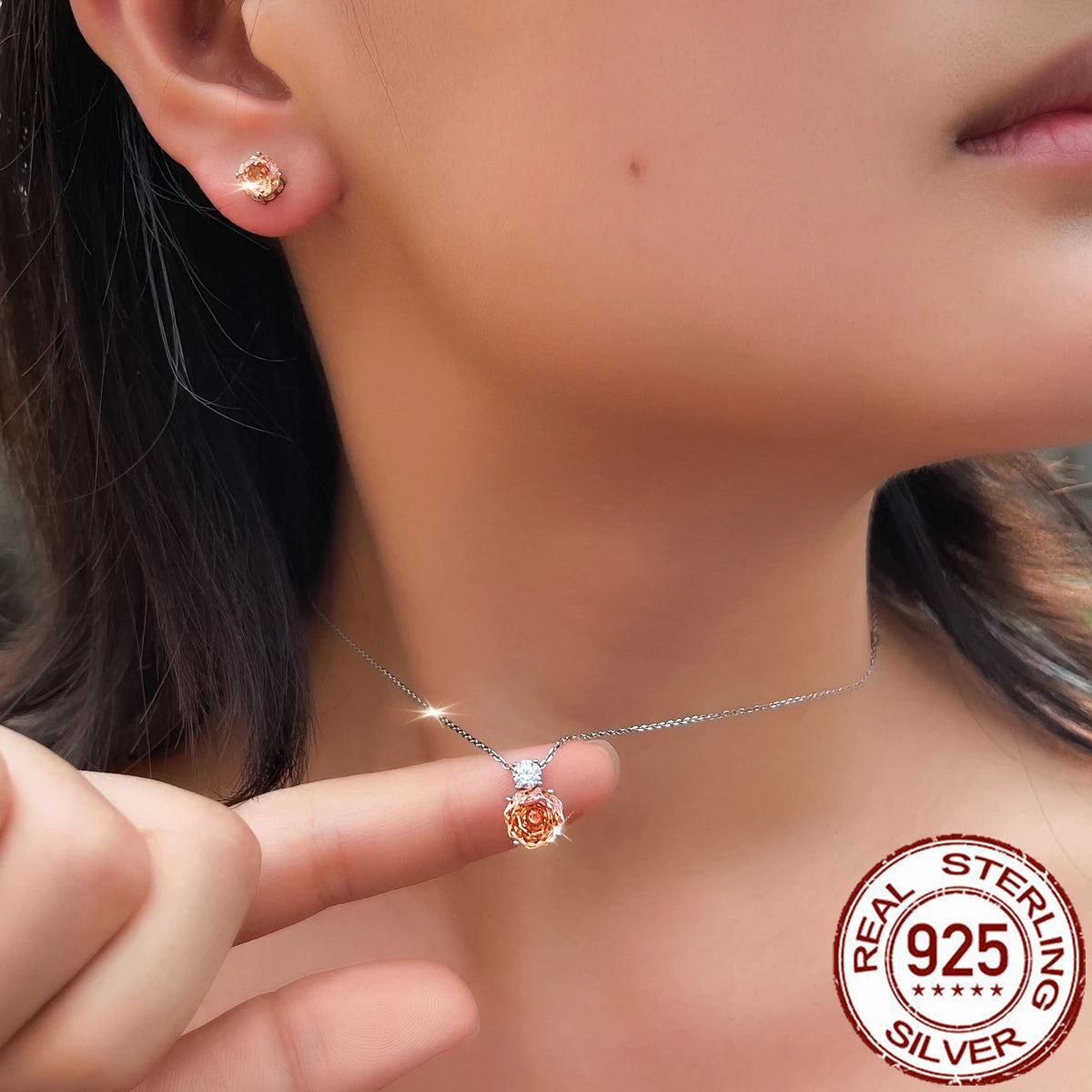 S&S 925 Sterling Silver Champagne Rose-Cut CZ Fine Jewellery Set – Necklace & Earrings – Collection