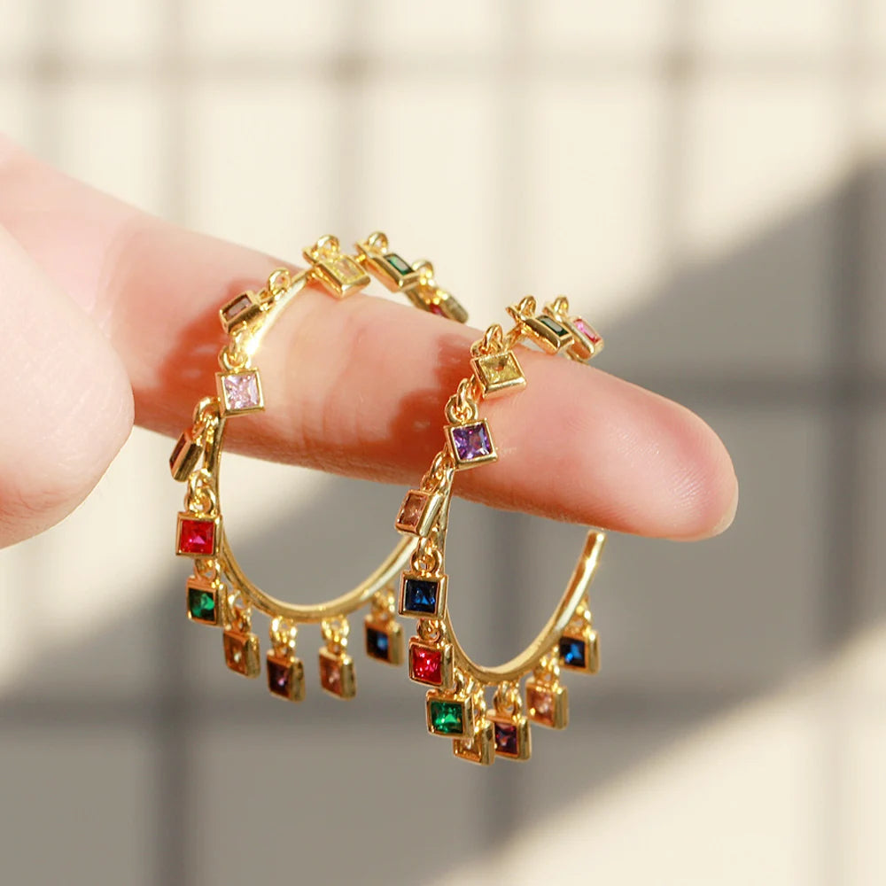S&S Rainbow Square CZ Charm Hoop Earrings – 18K Gold Plated – Multi & White – Collection