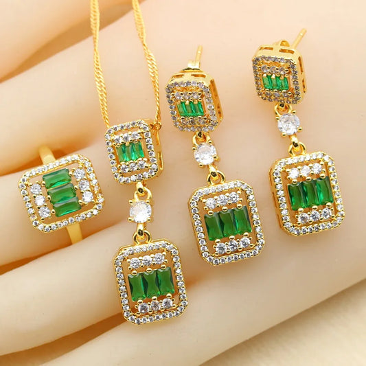 18K Gold Plated Green Zirconia Jewellery Set for Women Includes Earrings Ring Pendent Necklace for Weddings and Parties