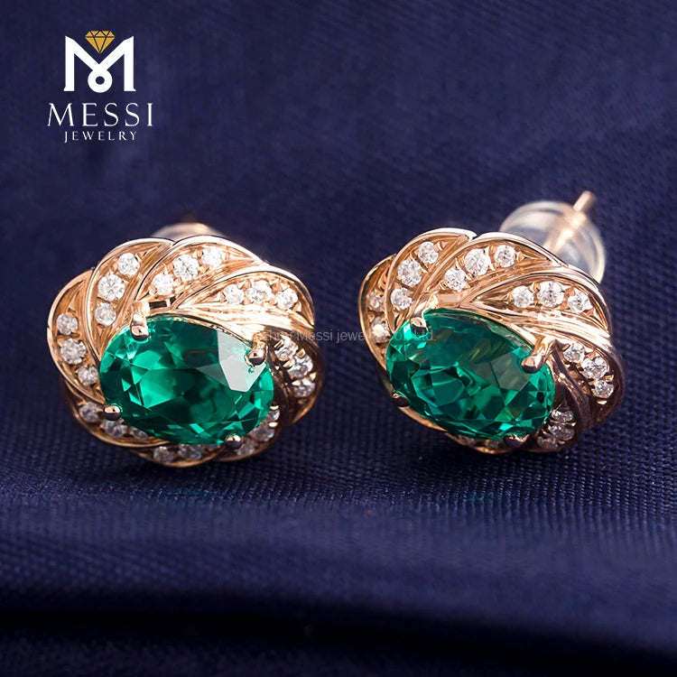 Gemfiori MS-199 Messi Jewelry Oval 14k 18k Gold 2 Carat Lab Created Emerald Earrings Jewellery for Women