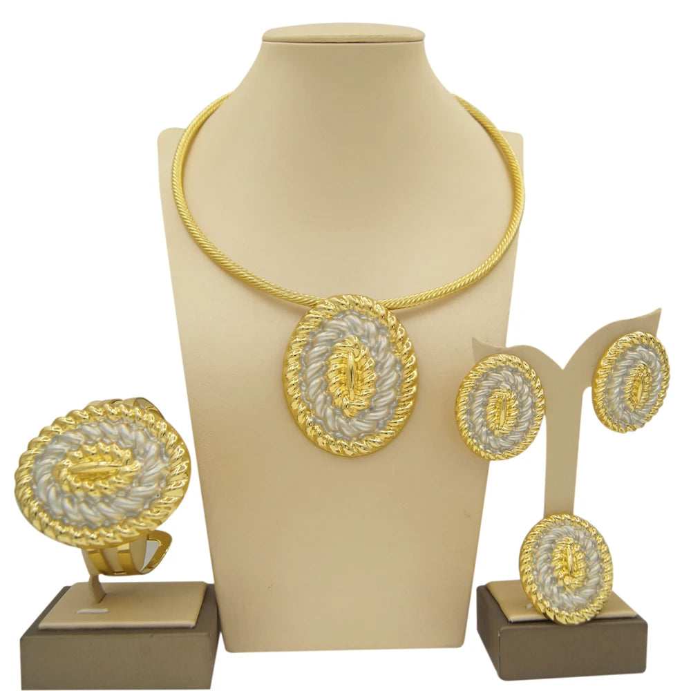 Zhuerru Italian Gold Plated Jewelry Set Simple Oval Necklace Bracelet Earrings Jewels Sets Bridal Wedding Accessories H00444