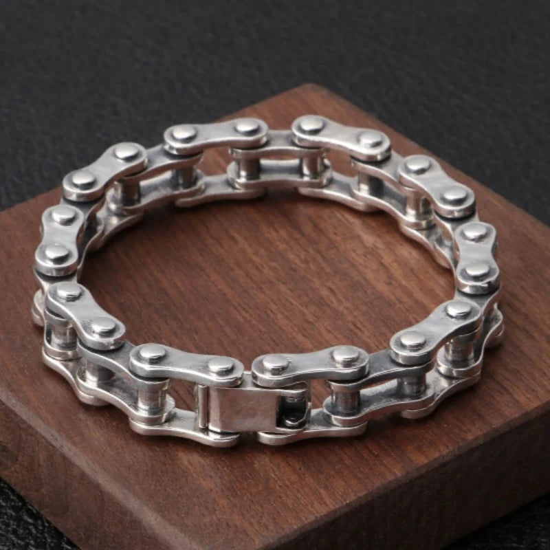 REBEL S925 Sterling Silver Motorcycle Chain Bracelet for Men Thick Domineering Bamboo-chain Bangle Fashion Jewelry