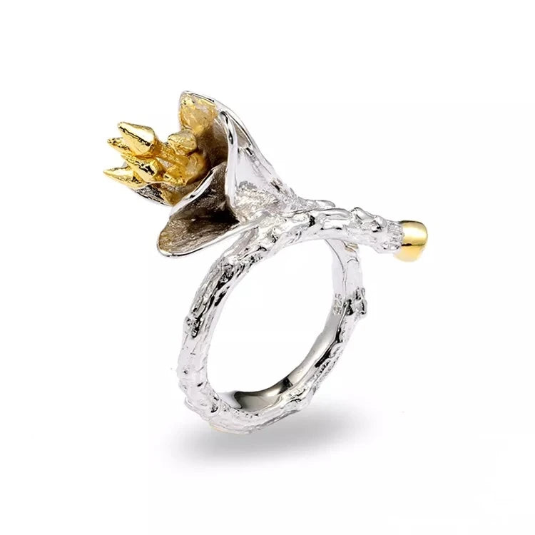 925 Silver Adjustable Open Lady Finger Rings With Two-Tone Plated Young Fashion Jewelry