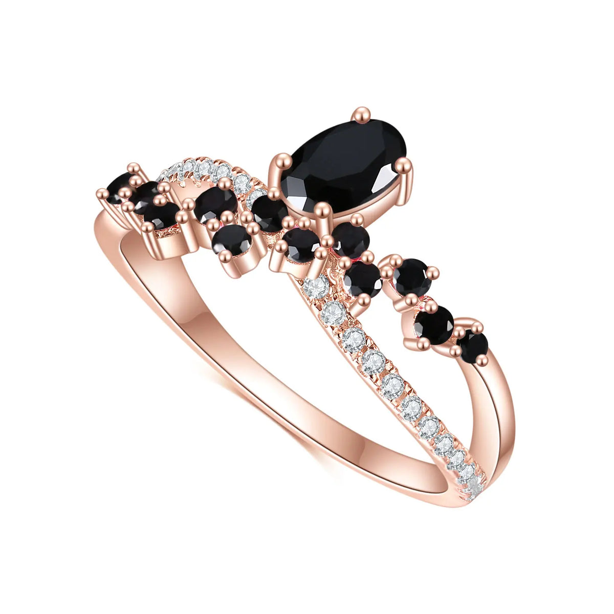 Gemfiori Abiding Yellow Rose Gold Plated White & Black Cubic Zirconia 925 Sterling Silver Lab Grown Pink Sapphire Jewelry Ring
