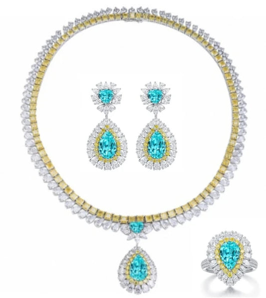 Gemfiori Bridal Jewelry Set for Women Ring Necklace Earrings Lab Grown Paraiba Vintage Jewelry for Engagement Wedding Party Gift Idea