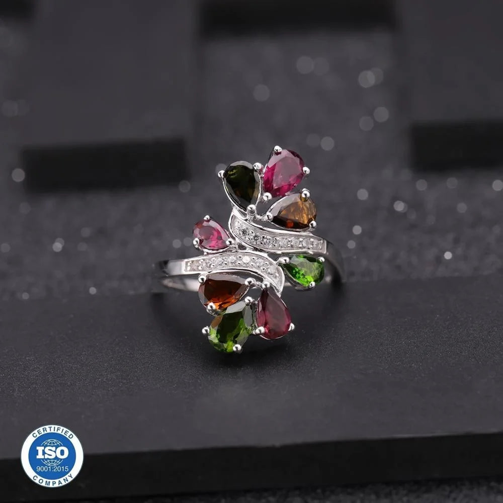 ArtistA Abiding Factory 925 Sterling Silver Mix Gemstone Rings Natural Chrome Diopside Rhodolite Garnet Tourmaline Ring for Women Fine