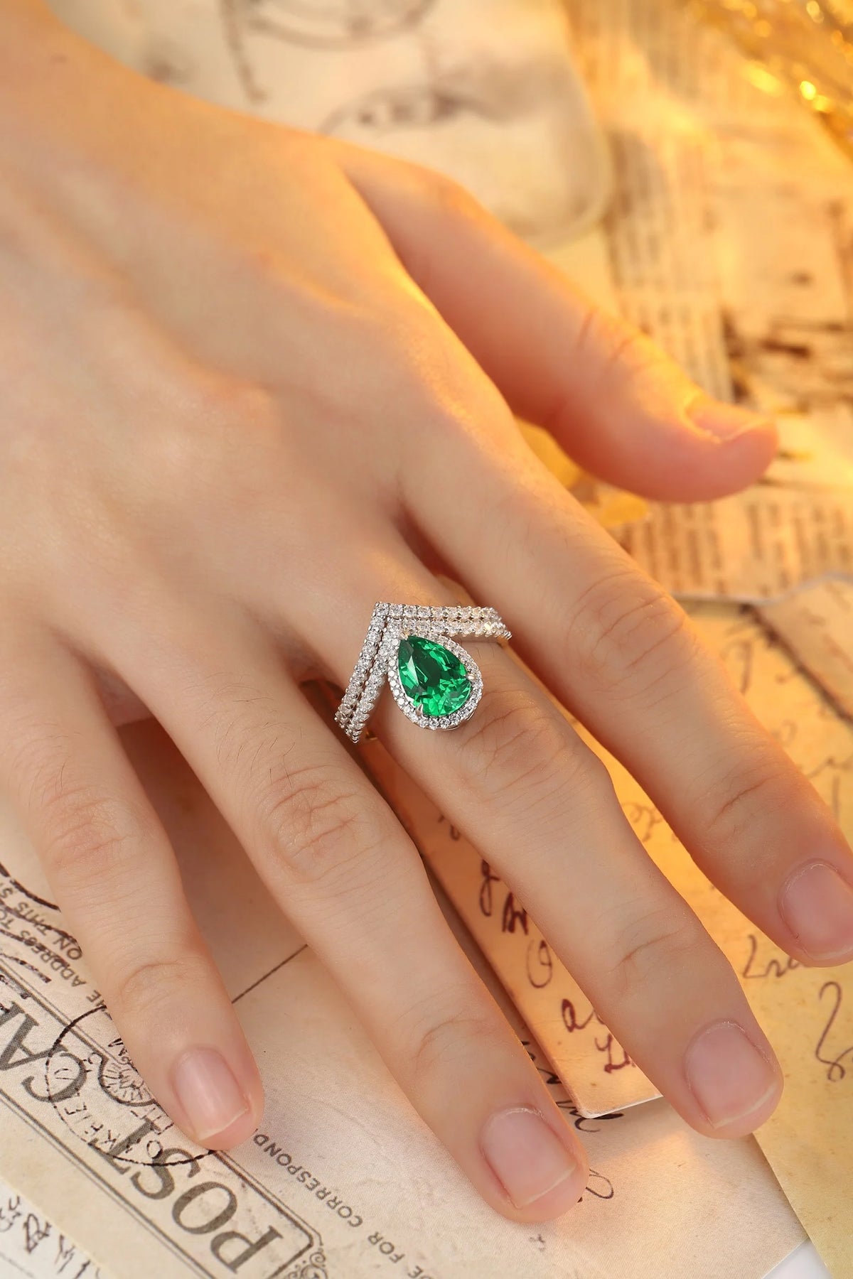 Gemfiori 925 Sterling Silver Pear Cut Lab Grown Emerald Ring Pear Shape Band Women Engagement Wedding Party Fine Jewelry Gift