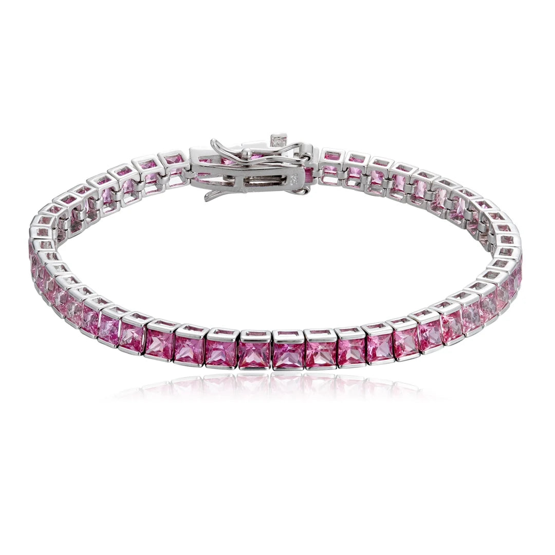 Gemfiori Unisex Rainbow Color Bracelets Silver S925 Tennis Bracelet Chain 3mm Princess Cut Fine Jewelry Party Gift for Her Wedding