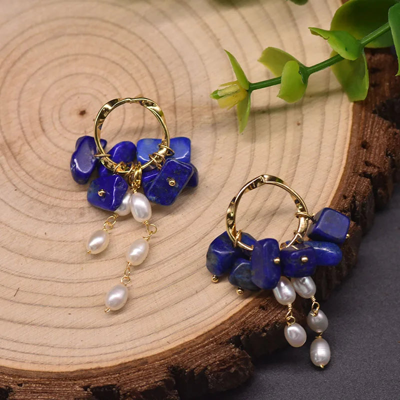 Natural Lapis Lazuli Pearl Temperament Drop Earrings for Women Girls Party Gift Original Design Luxury  Earrings Bulk
