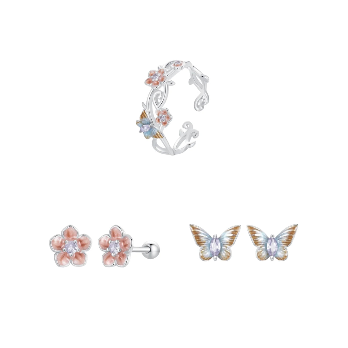 S&S 925 Silver Nature Earring & Ring Set – Butterfly, Cherry Blossom & Kingfisher – Platinum Plated – Collection