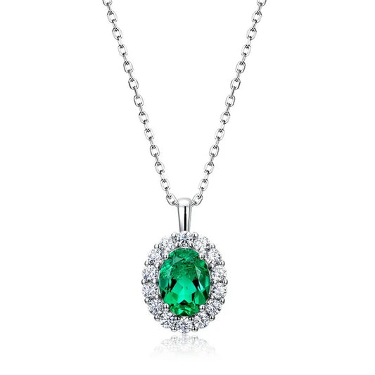Oval Shape Vintage 925 Sterling Silver 1ct  Lab Grown Emerald Pendant Necklace Lab Grown Diamond Necklace for Gift