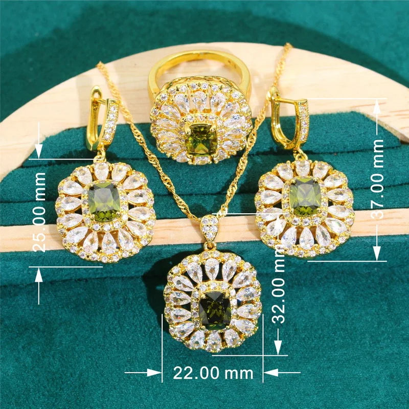 XOTICA Women's Gold Color Jewelry Set Olive Green Zircon Wedding Party Necklace Pendant Bracelet Ring Birthday Gifts for Friends