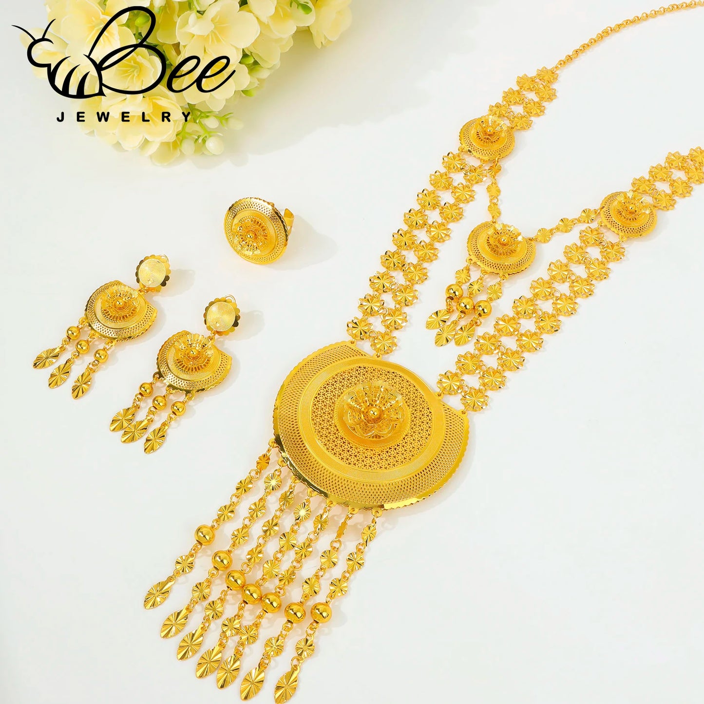 Luxury Traditional Indian 24k Gold Bridal Wedding Jewelry Set Gold Alloy Beads Long Necklace Earrings Jewelry For Evening Party