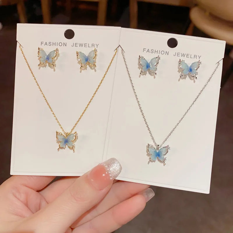 Luxurious Fashion Blue Butterfly Necklace and Earrings Set with Zircon Classic Real Gold Plated Jewelry Set for Women