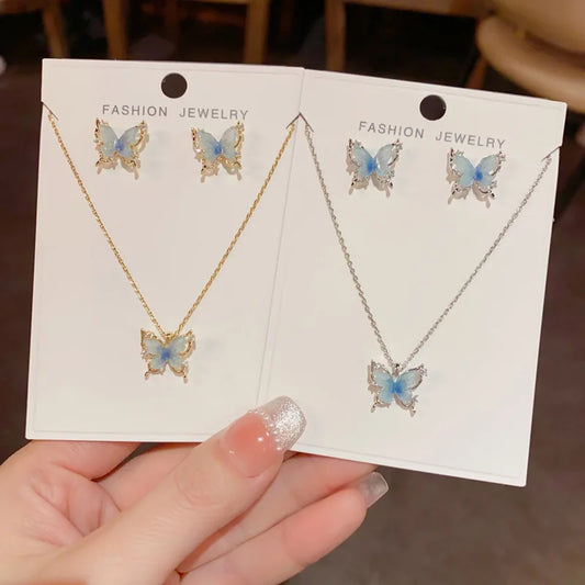 Luxurious Fashion Blue Butterfly Necklace and Earrings Set with Zircon Classic Real Gold Plated Jewelry Set for Women