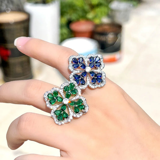 S&S CZ Pavé Chunky Flower Statement Ring – Colourful, Blue & Green – Collection