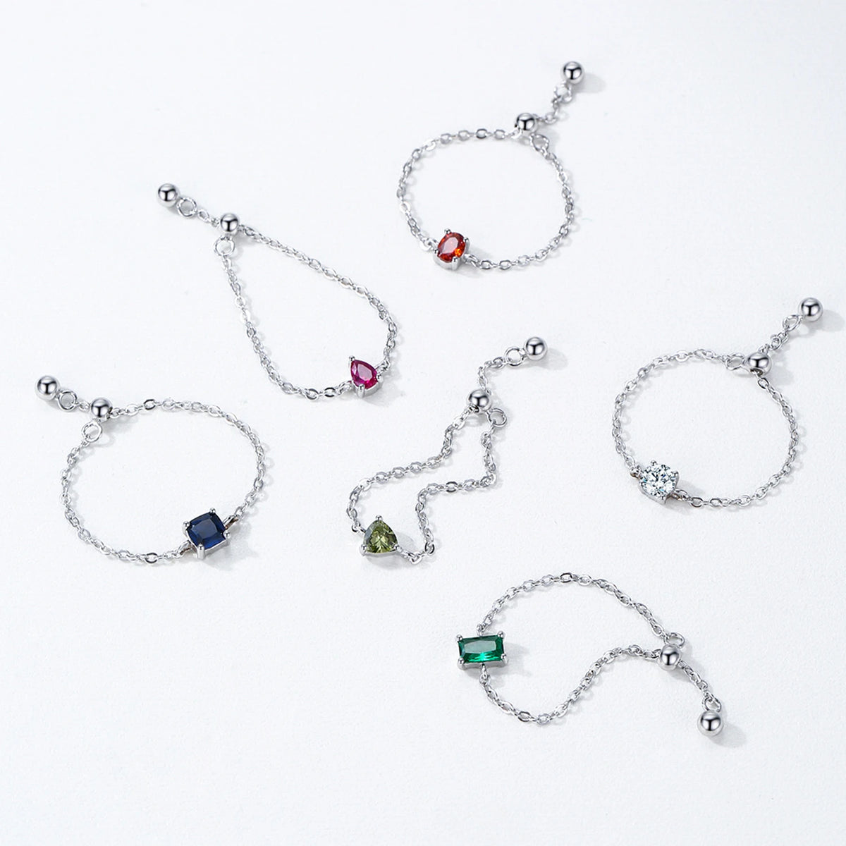 Ailmay Fashion 925 Sterling Silver 12 Month Birthday Stone Adjustable Chain Rings for Women Everyday Wear and As Gifts