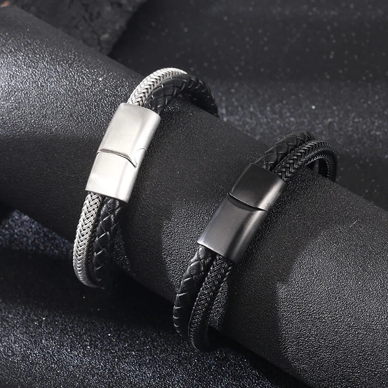 KALEN 12mm Width Men Mature Silver/Black Stainless Steel&Cowhide Leather Double Chain Bracelet