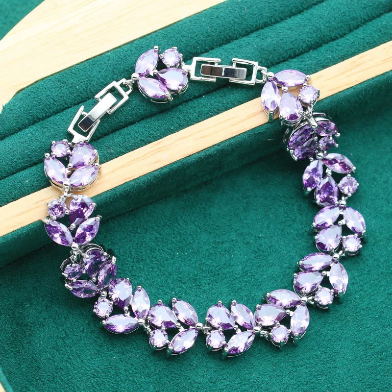 XOTICA 925 Sterling Silver Jewelry Set for Women Purple Amethyst Zircon Classic Bracelet Earrings for Wedding Party Birthday Gift