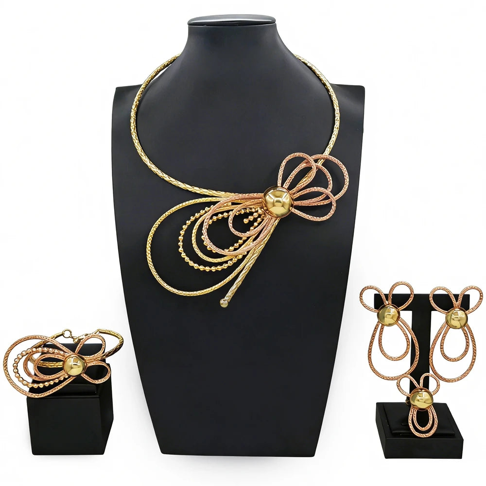 Zhuerrui African Italian Gold Plated Jewelry Set Bold Ribbed Twisted Geometric Choker for Women Wedding Banquet X00132