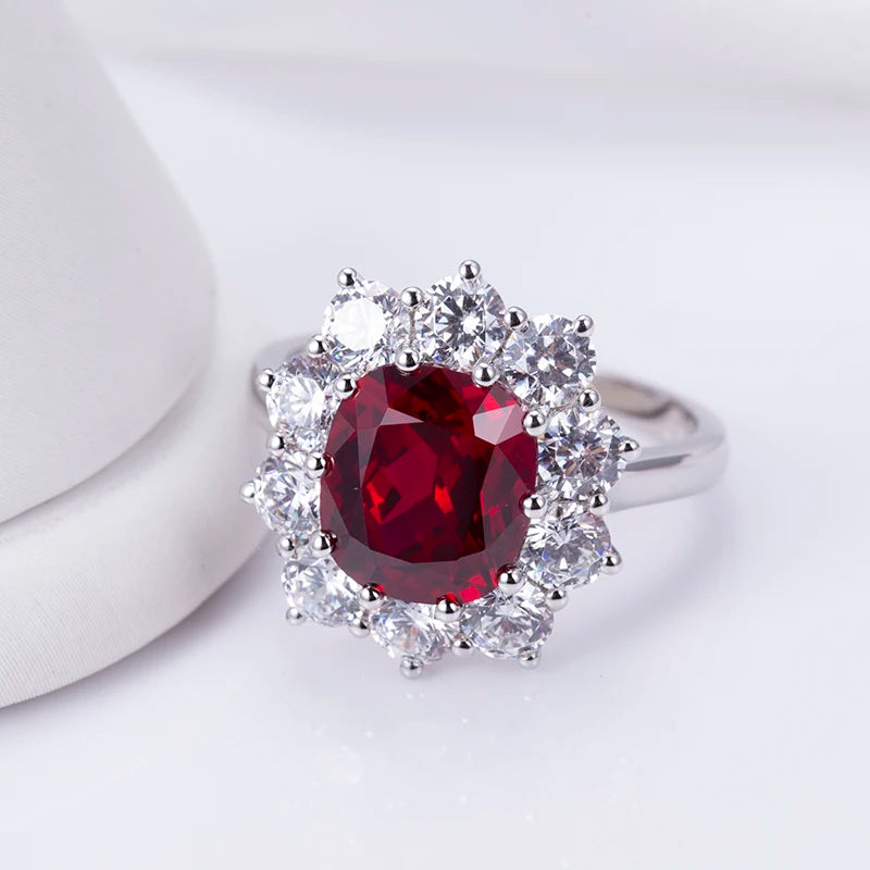 Messi Jewelry MSR-955 S925 Lab Ruby Cushion Cut Ring Flower Design Engagement Ring Wedding Band Classic Gift