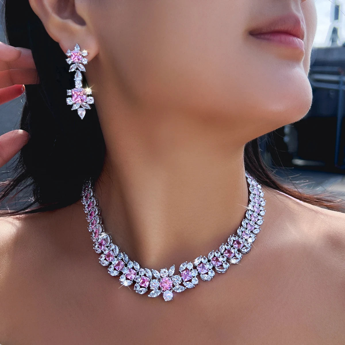 Rhodium Plated Geometric CZ Jewelry Set Pink Square Cubic Zircon Leaf Tennis Necklace Earrings Jewelry Set for Women Party Gift