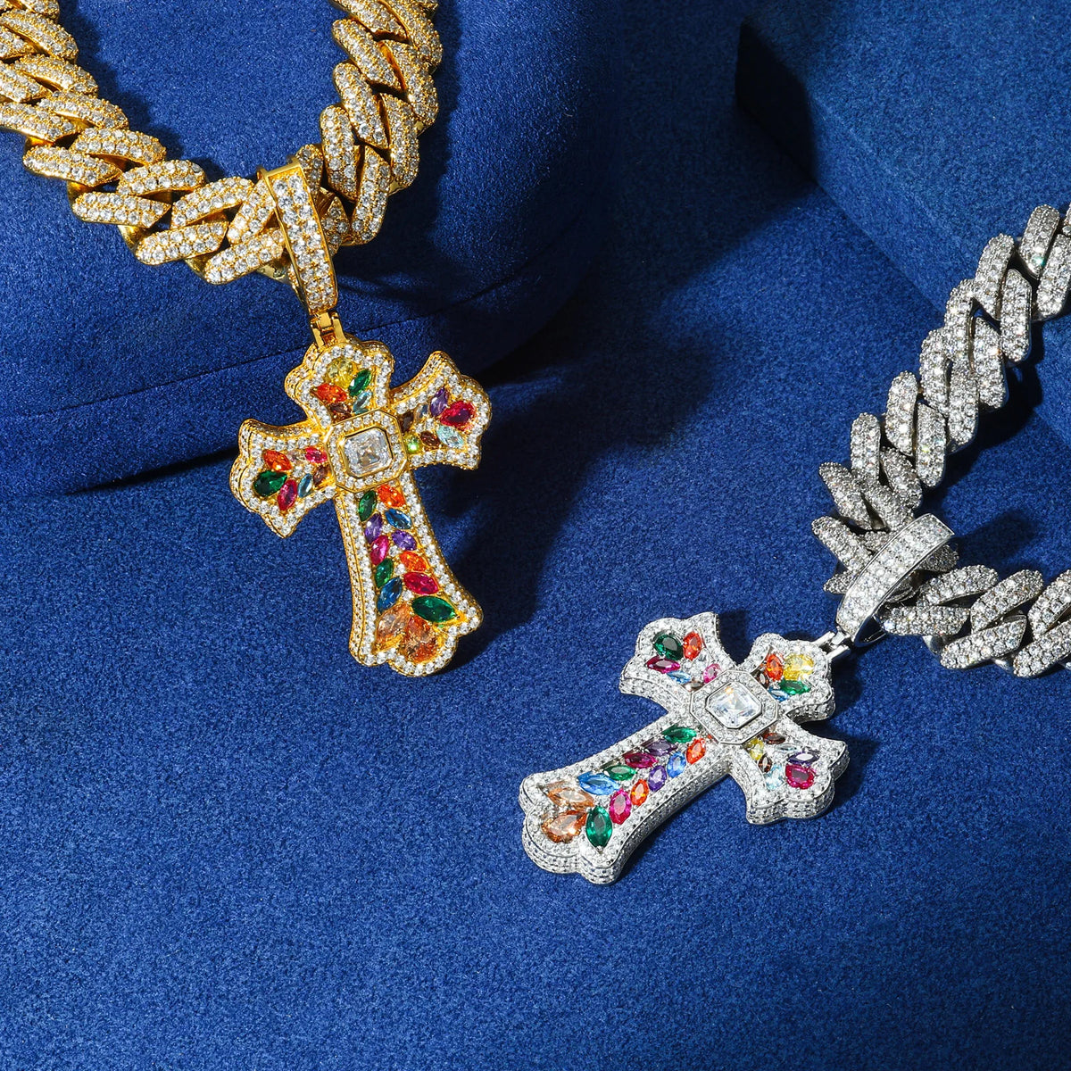REBEL High Quality Multi Color Gemstone Iris Cross Pendant White Gold Plated Brass AAAAA CZ Diamond Iced Out Cross Charm Necklace