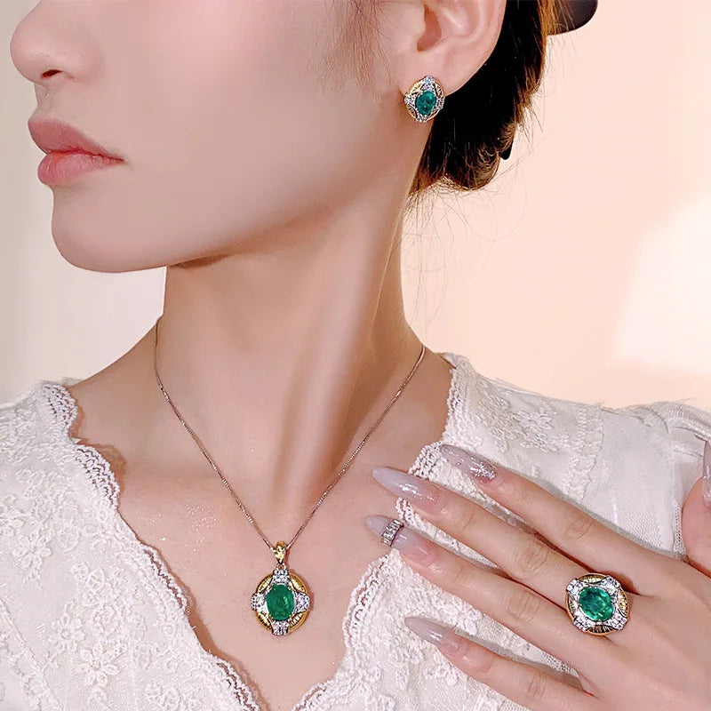 REDheart Trendy Copper Inlaid Zircon Plated Two-Color Open-Opening Movable Flower Ring Simulation Emerald Palace Style Niche Set