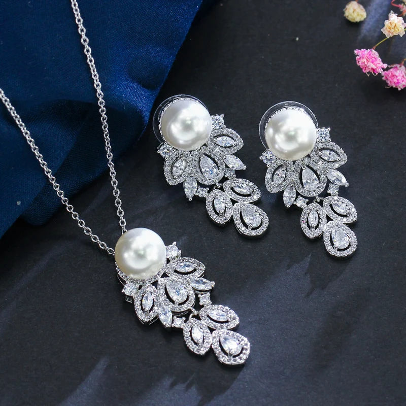 Fashion Brand Long Feather CZ Crystal Silver Plated Simulated Pearl Dangle Earrings and Chain Necklace Jewelry Sets for Women