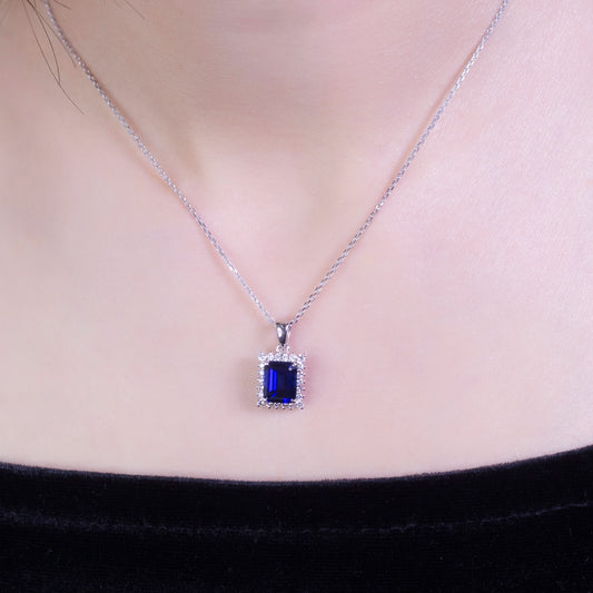 Messi Jewelry  18k White Gold Emerald Cut Royal Blue Lab Grown Sapphire Pendant Necklace