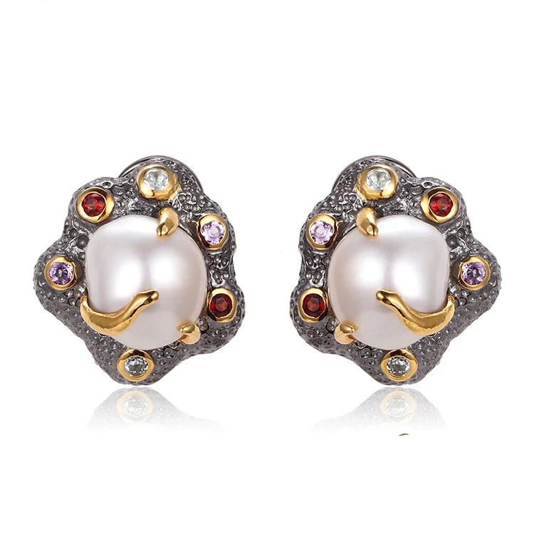 Stud Artificial Pearl Earrings 925 Sterling Silver Latest Design Women Handmade CLASSIC Perfect Lead & Nickel Free Silver Stone